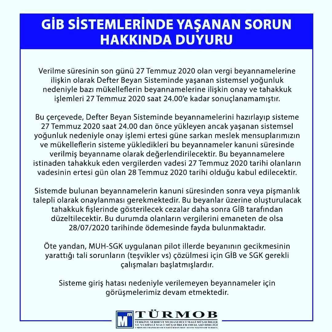 GİB Sistemlerinde Yaşanan Sorun Hakkında Duyuru...ow.ly/8UOg50AK6C2