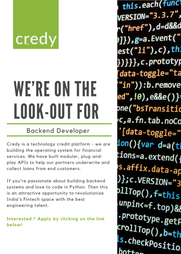 credydotin's tweet photo. Credy is hiring!

We are looking to add passionate developers to our engineering team!
Apply now: https://t.co/r0ZwlwHkBS

#Hiring #BackDevelopers #Fintech #Digitallending #Jobs #credy https://t.co/nd0NhXvdnz