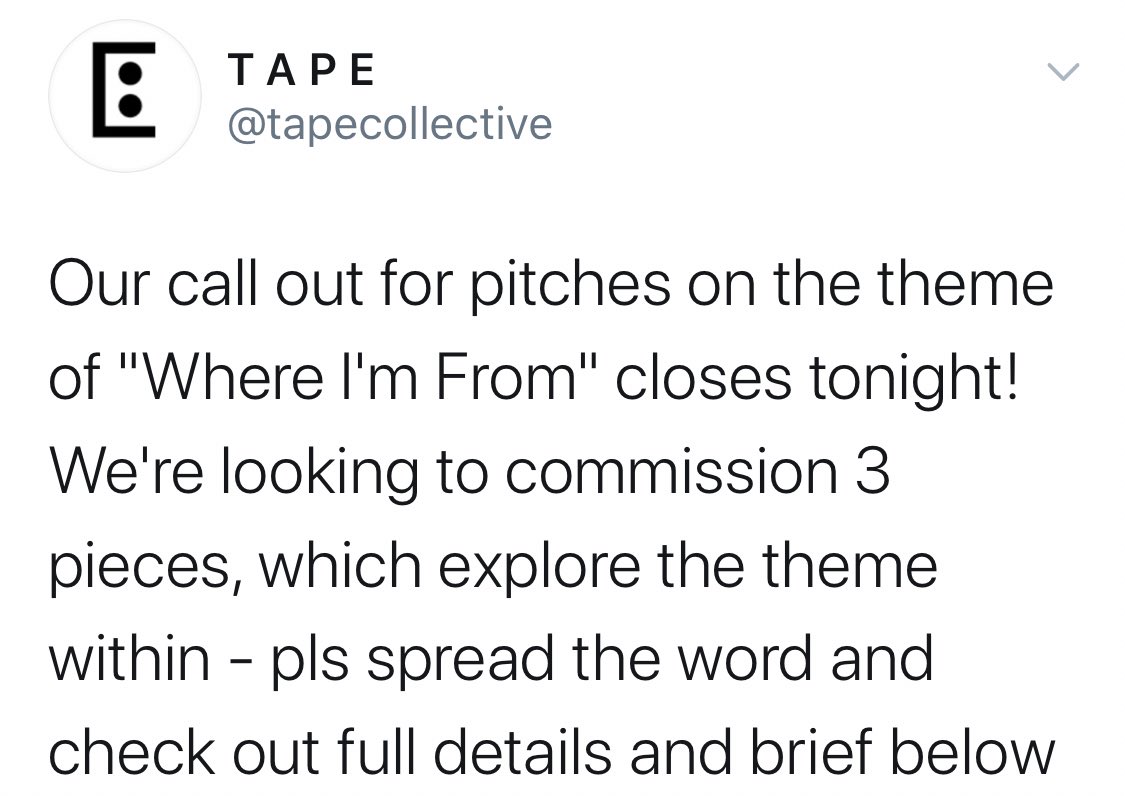 . @tapecollective is looking for pitches from WoC filmmakers and writers on the theme “where I’m from”. Deadline today (July 28) and more details on requirements/pay here:  http://www.tapecollective.co.uk&nbsp;