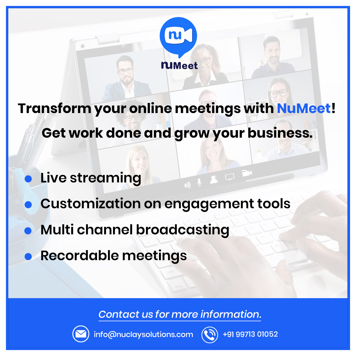 NuclaySolutions's tweet photo. Your ideal video conferencing solution, contact us for seamless meetings and management!
#tech #videocall #videoconferencing #workfromhome #nuclay https://t.co/FBpRLNkzMM