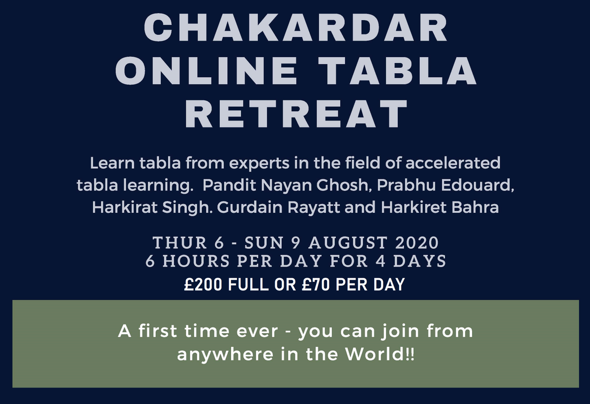 chakardar's tweet photo. Online Tabla Retreat 2020 - Book Now! £200 FULL or £70 per day - 6-9 August - https://t.co/gn8zGqObaG
#learntablaonline #learntabla https://t.co/vYzlO9BasN