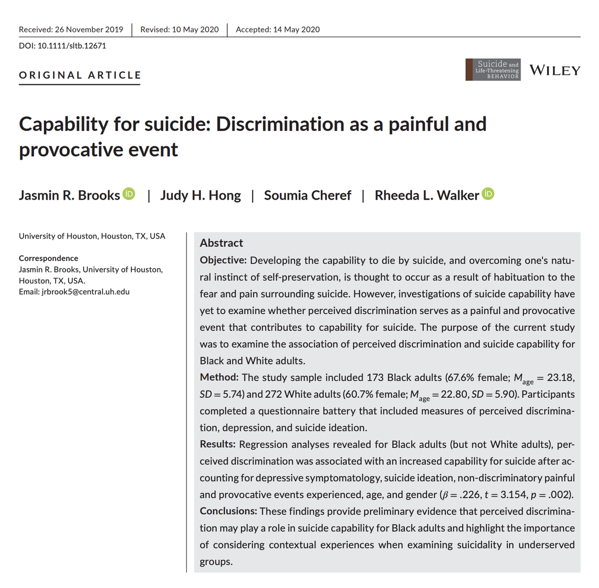 🚨🗣️NEW PUBLICATION ALERT🗣️🚨

Often we fail to consider how marginalization via discrimination can influence suicide vulnerability. Please read the article below to learn more about how, for Black Americans, perceived discrimination may play a role in suicide capability.