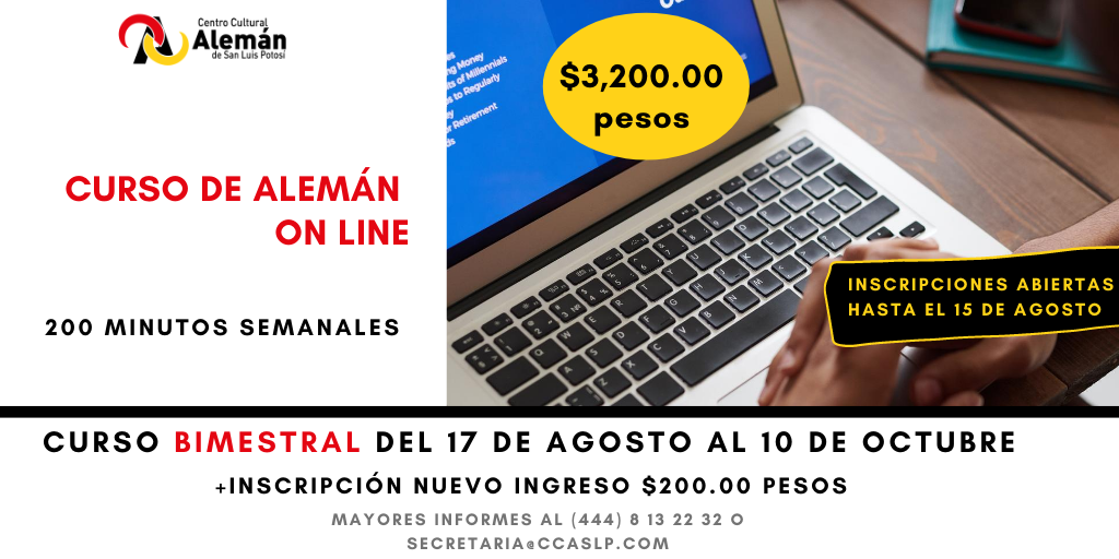 CCA_SLP's tweet photo. ¡NUEVO CURSO DE ALEMÁN ON LINE! 
YA ESTAMOS EN INSCRIPCIONES 🙌😜🇩🇪
PREGUNTA POR NUESTROS HORARIOS AL (444) 8 13 22 32 https://t.co/pAtzCNLZc7