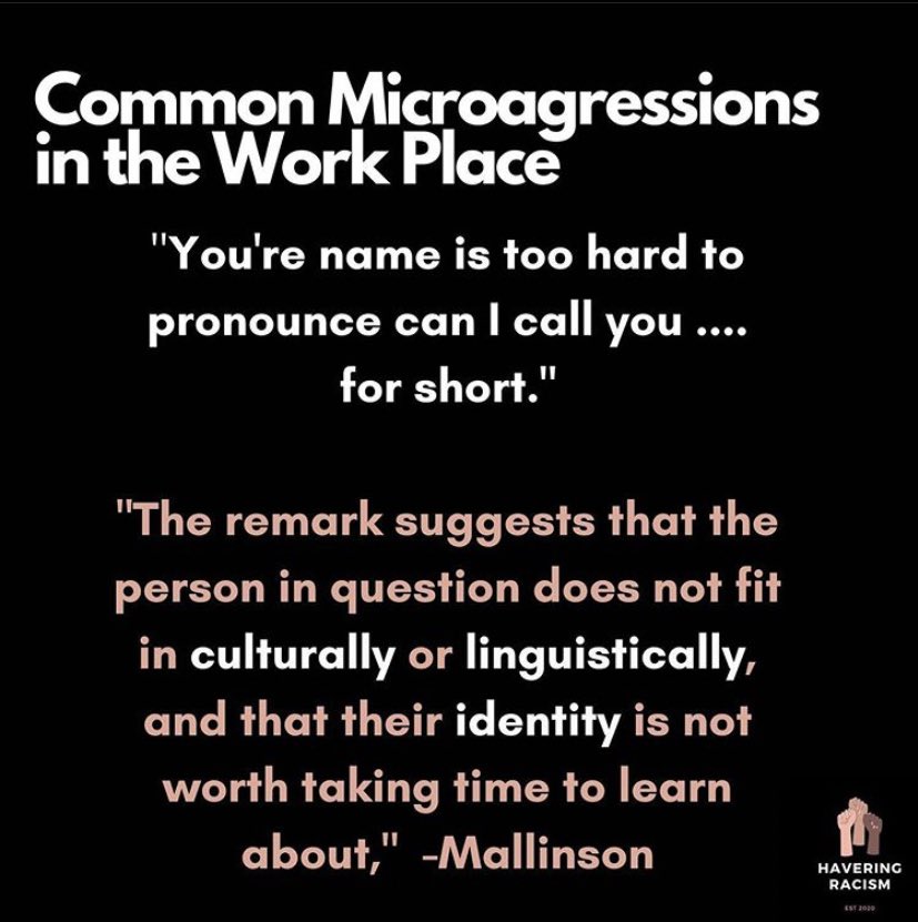 HaveringRacism's tweet photo. Microaggression (4/4) 
“Your name is too hard to pronounce. Can I call you ______ for short?”
Content: Business Insider
#havering #haveringracism #racism #microaggressions #microaggressionsbelike https://t.co/UB8yZi0LCn