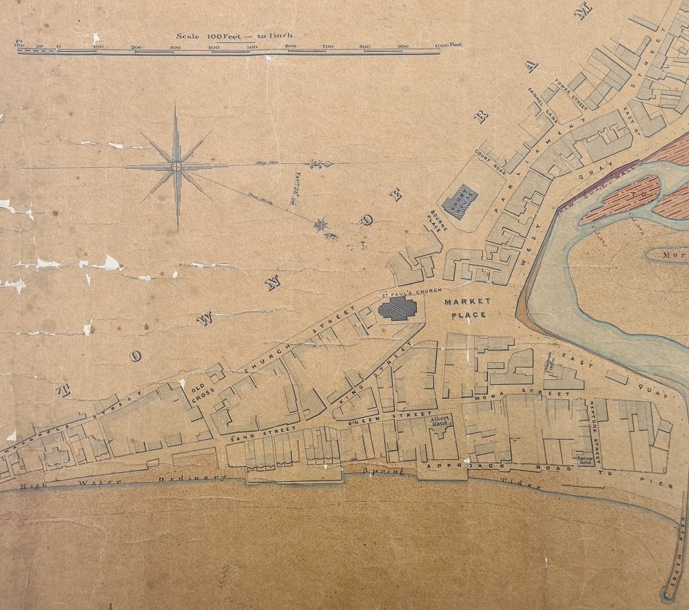 IsleOfManPRO's tweet photo. L is for lake - or rather, the tidal swamp that *became* a lake when Ramsey's Mooragh Park was created in the late 19th Century. This 1869 harbour works plan was drawn up by civil engineer John Coode, who designed Queen's Pier. #ArchiveZ #IsleofMan #ExploreYourArchive #Rhumsaa https://t.co/MrlyXGkkS5