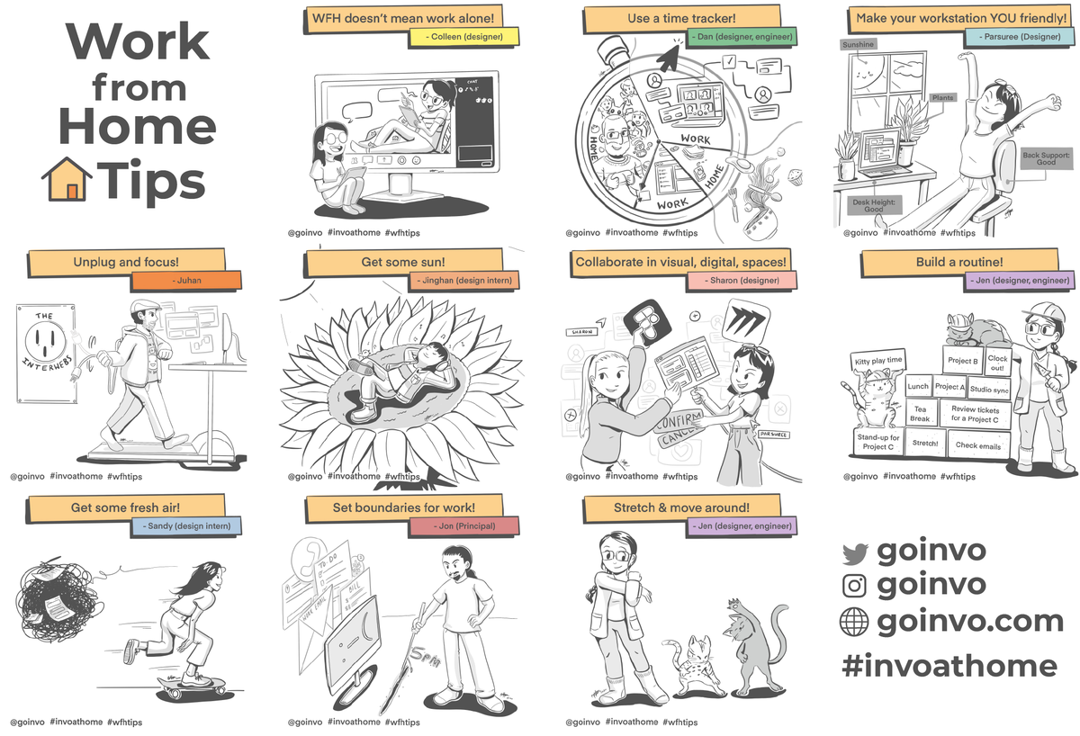 goinvo's tweet photo. A few tips we’ve put together at #GoInvo to help us #WorkFromHome sustainably! For all of you living the #wfhlife, we hope these can encourage you too.

✏️Illustrations by @2b_tp 

#wfhtips #invoathome #WFH #invofam #studio #bts #worklife #stayhome #illustration https://t.co/UqftF46lBQ