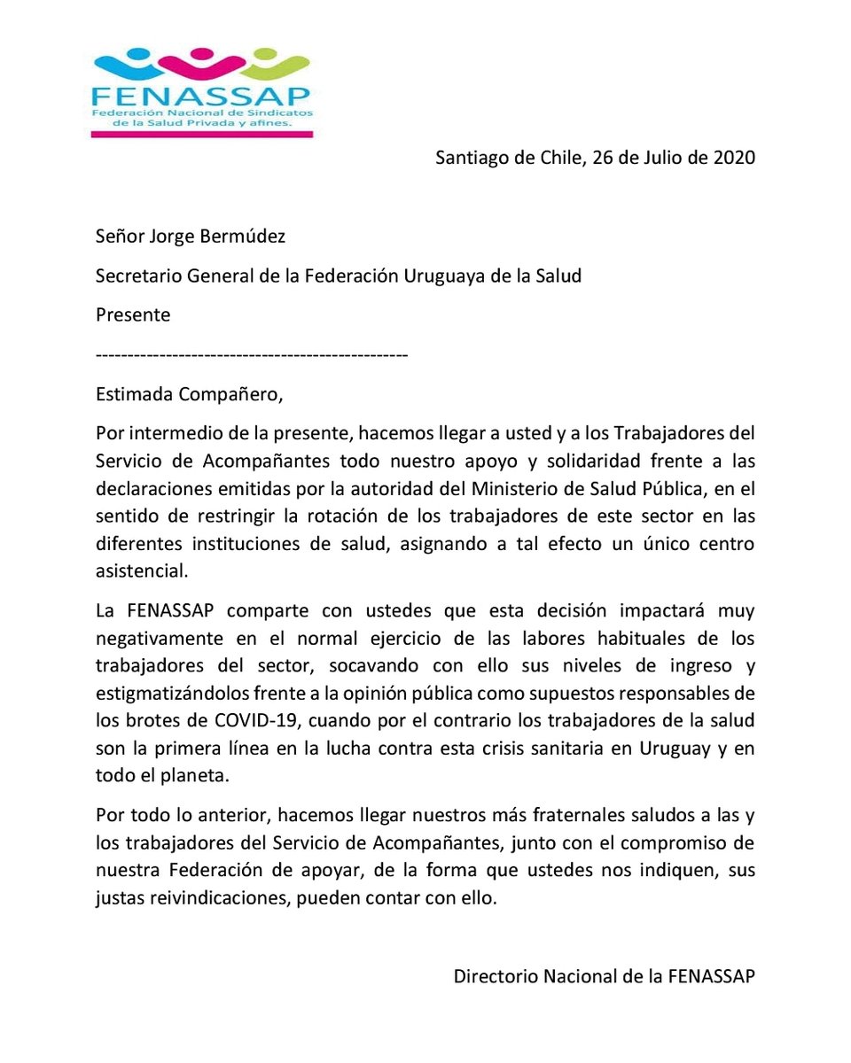 Compañeras, compañeros: compartimos nota de solidaridad de los compañeros de la @fenassap de Chile, enviamos un saludo fraterno. 

#juntosvenceremosalcovid19