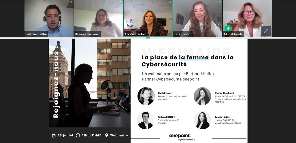 MurielTouaty's tweet photo. Merci @HelfreB d'avoir animé ce Webinar @onepoint ce matin autour de la Femme dans les nouvelles Technologies  et notamment la Cybersécurité. Merci  à  mes co-intervenantes @HeritierCoralie ..... https://t.co/O7hGHHV97G