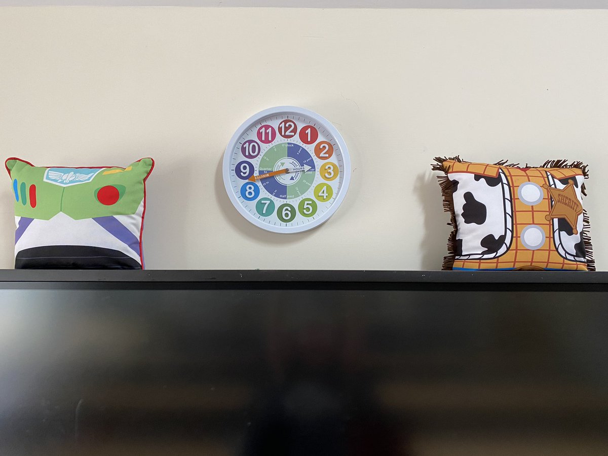 MrsAVJones's tweet photo. Buzz &amp; Woody cushions are taking pride of place at the front of the class along with my lovely clock. The kids loved using it this year to help with telling the time ⏰ #edutwitter #classroom #teachertwitter #disney https://t.co/HRZL7Rb4MU
