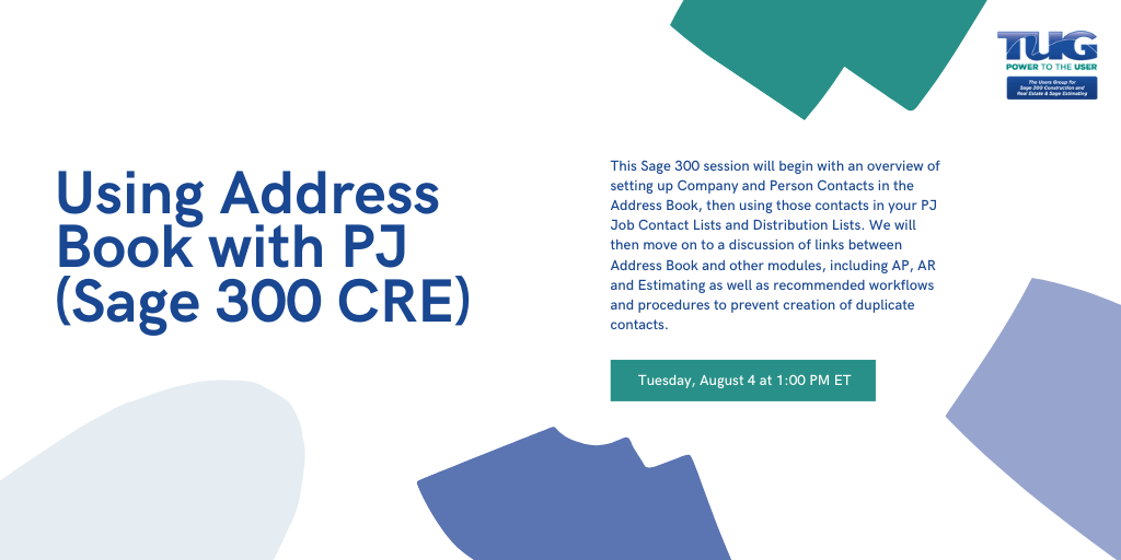 TUGweb's tweet photo. Join our Project Management User Community for a webinar on how to use address book with PJ (Sage 300 CRE) on Tuesday, August 4 at 1:00 PM ET!
https://t.co/LgH0UpS9sx
#tug #usershelpinguser #sage300 #webinar #registernow https://t.co/8yV12ZnYRr