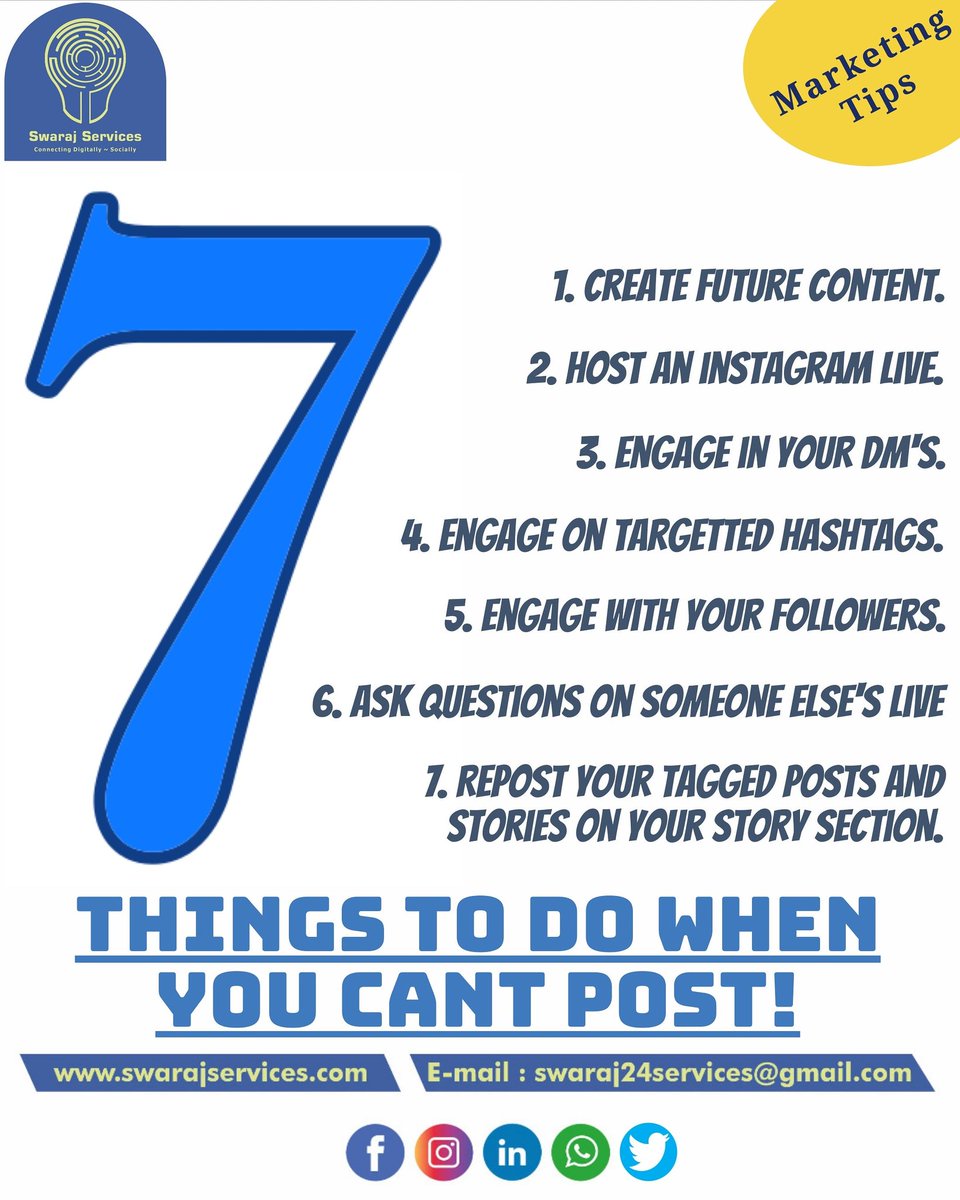 ServicesSwaraj's tweet photo. 📍This seven things will definitely help you to gain engagements and give a rise in insights.
.
.
🔷https://t.co/pZ1BNwps3M🔷
.
#seventips #posting #7 #7things #swarajservices #marketingtips #digitalmarketing #digitalmarketingagency https://t.co/yN1kJWIMdq