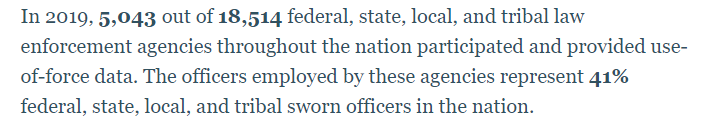 Only about 1 in 4 police departments in the US submitted use of force data for inclusion in the FBI's new national database. Download the list of participating agencies to see if your local agency submitted their data. 
crime-data-explorer.fr.cloud.gov/officers/natio…