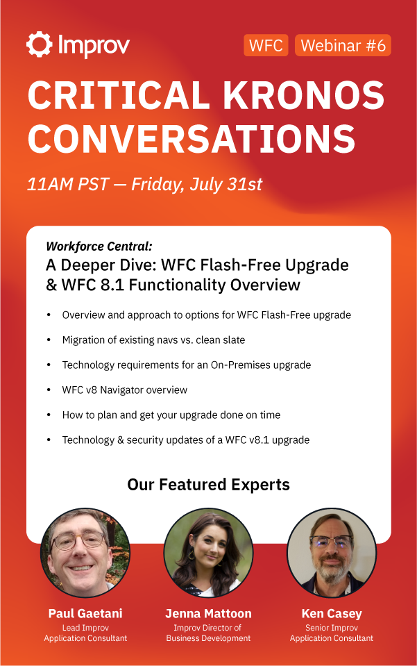 improvizations's tweet photo. Register now: If you love our Kronos webinars, don't miss the next one THIS Friday, July 31, 11 am, PST. We're taking a deep dive into that (cough) Flash-Free WFC upgrade you have yet to get rolling! Register: https://t.co/o65SWHDbNC
#WFM #payroll #Kronos #HRIS #flashfree https://t.co/IIzW7Hw51Q