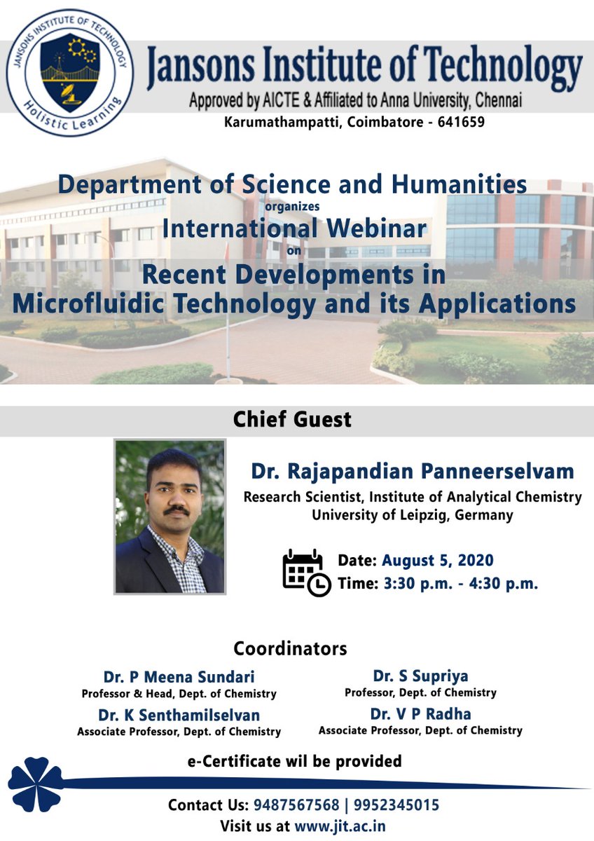 JIT_Offl's tweet image. Department of #ScienceandHumanities will organize an International Webinar on the topic &quot;Recent developments in microfluidic technology and its applications&quot; on August 5, 2020, from 3.30 pm to 4.30 pm.

#InternationalWebinar #Microfluid #Technology #Application #Development #JIT