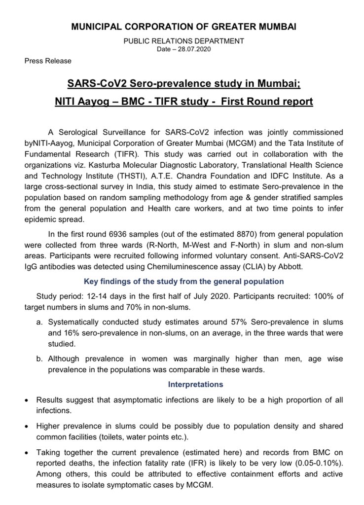 swapneilparikh's tweet photo. Breaking: Mumbai #SARS_CoV_2 aero-prevelance study results - 57% seropositivty in impoverished tenements (slums) and 16% seropositivty in non-slums. Widespread asymptomatic/pre-symptomatic transmission was missed @CT_Bergstrom @velumania @mlipsitch @nataliexdean @nataliexdean https://t.co/JAjl8H7hlL