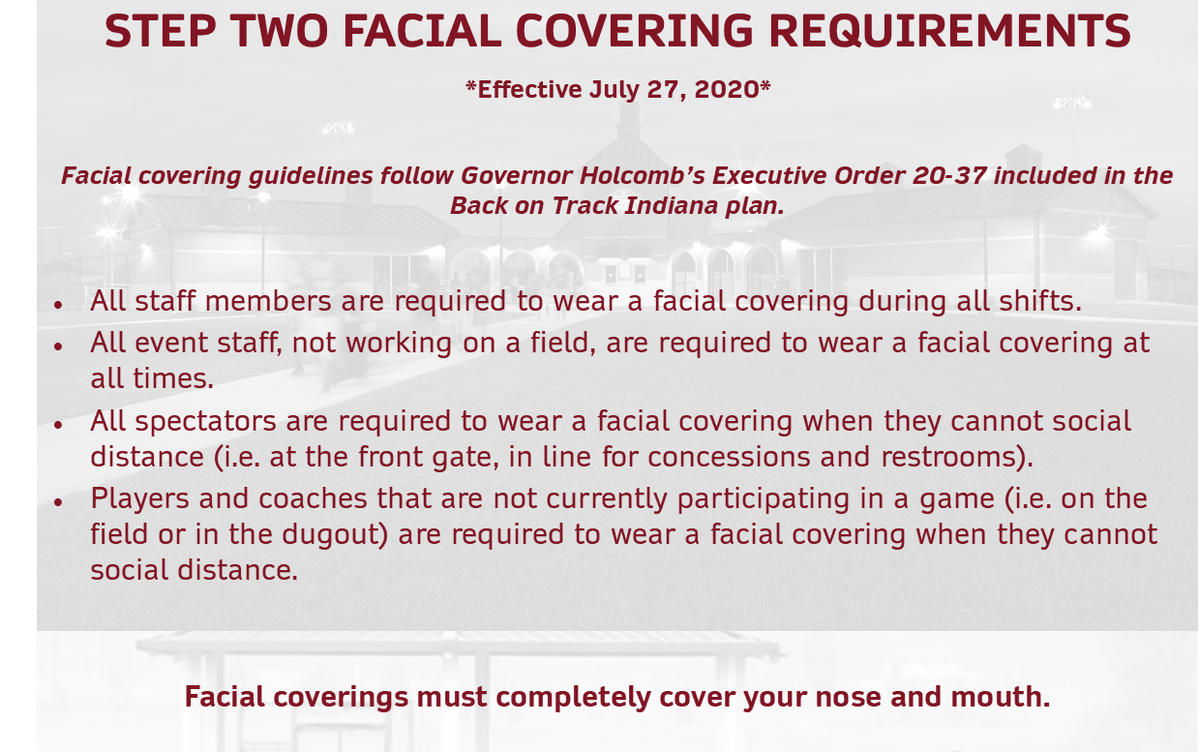 SportsEvv's tweet photo. We've updated our COVID plan; we are still in Step Two of our reopening but have made a few adjustments to follow Governor Holcomb's Executive Order 20-37.
#MaintainYourSpaceCoverYourFace https://t.co/nRM4bcalta