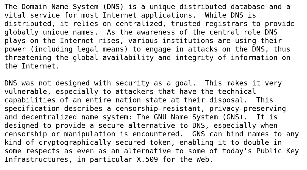 pEpFoundation's tweet photo. In #IETF's #secdispatch session this Thursday: discussion on the GNU Name System (#GNS) draft.
Session: https://t.co/8O1hREXooo
Slides: https://t.co/xgfhxckEBD (PDF)
Draft: https://t.co/Unrtlz9zUs
#DNS #Namesystem #IETF108 https://t.co/UieDDaLQXG