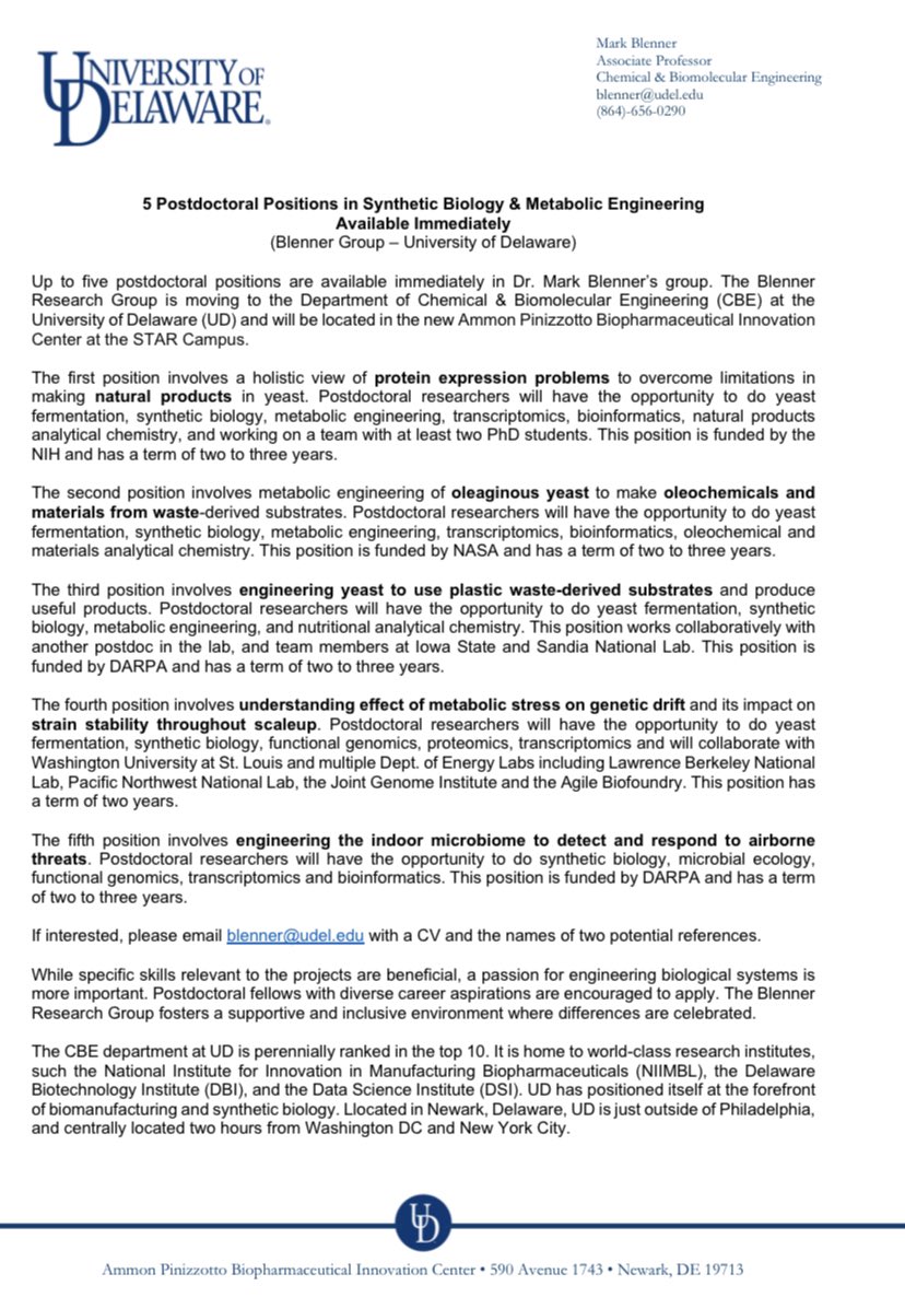 MarkBlenner's tweet photo. The #BlennerLab @UDengineering @UDChBE is looking for up to 5 postdocs to work on #synbio metabolic engineering #microbiome research. #postdoc #AcademicChatter Starting dates Sept-Jan. https://t.co/PRivVt0wVU