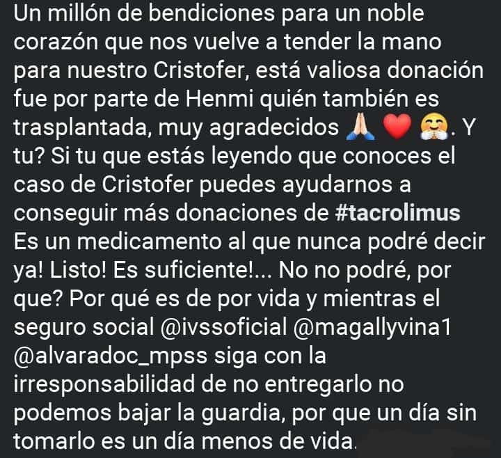 desireerom26's tweet photo. Cristofer merece vivir tranquilo sin está angustia de ver a su familia desesperada buscando ayuda cada día no es justo @reymertx  @carlaangola @Irrael @NoticiasdelaCol @DiarioTalCual @DaveRolan @ivssoficial @SaschaFitness #tacrolimus #trasplantrenriesgo #ayuda #dona #comparte https://t.co/TCs9Vay3wd