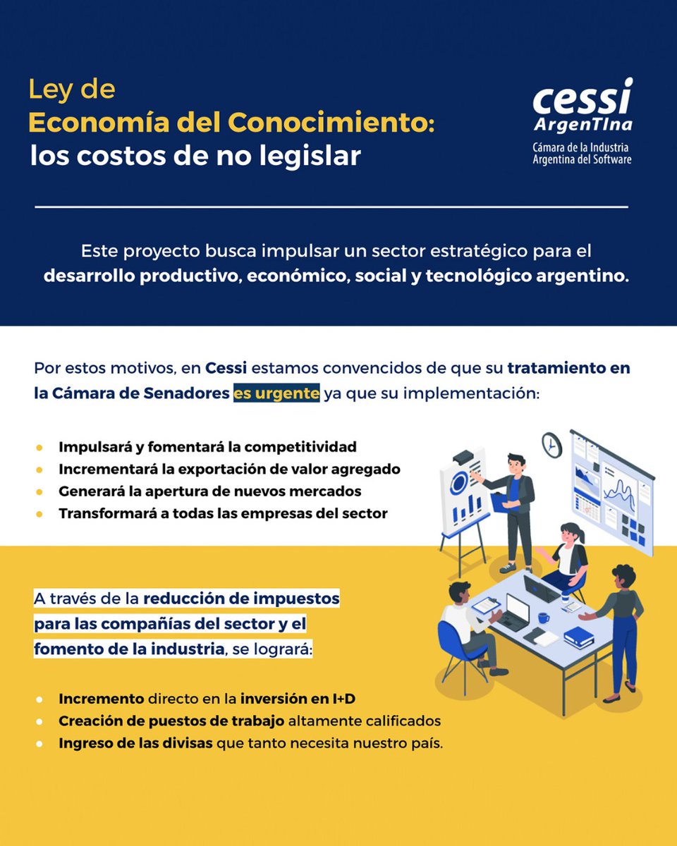 En Cessi estamos convencidos de que el tratamiento del Proyecto de Ley de #EconomiaDelConocimiento en la Cámara de Senadores es urgente ya que su implementación: (abrimos hilo)
