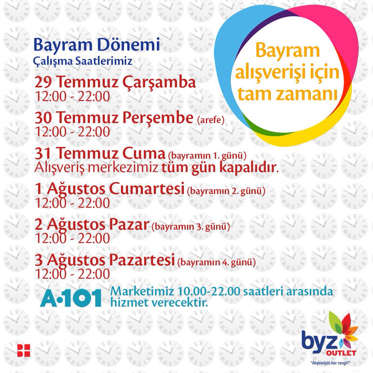 Çalışma saatlerimiz; 🤗

29 Temmuz Çarşamba 12.00-22.00
30 Temmuz Perşembe 12.00-22.00

31 Temmuz Cuma Alışveriş Merkezimiz Tüm gün kapalıdır.

1 Ağustos Cumartesi 12.00-22.00
2 Ağustos Pazar 12.00-22.00
3 Ağustos Pazartesi 12.00-22.00 saatleri arasında hizmet vermekteyiz.🌿