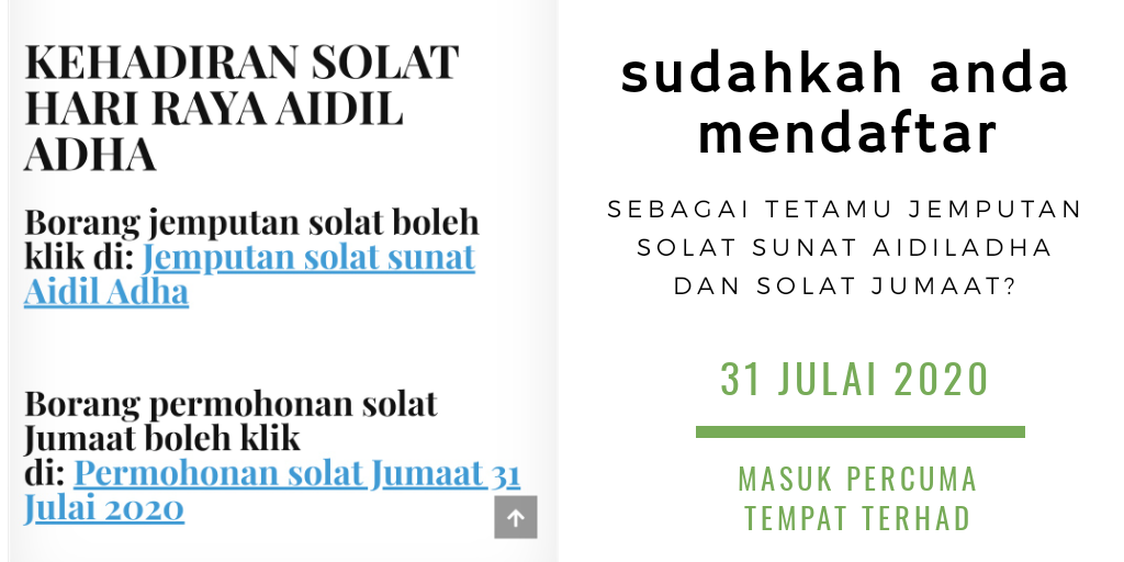 parmacy's tweet photo. Hari Selasa biasanya bersemangat nak register online kuota Solat Jumaat untuk minggu tersebut. Bila klik pada link, blank kejap sebab ada link jemputan Solat Sunat Aidiladha.

Hahaha, lupa plak outstation this weekend untuk Raya Haji. Ah sudah, nak daftar mana ni @rasisjalil? https://t.co/KCn1QDrlHo