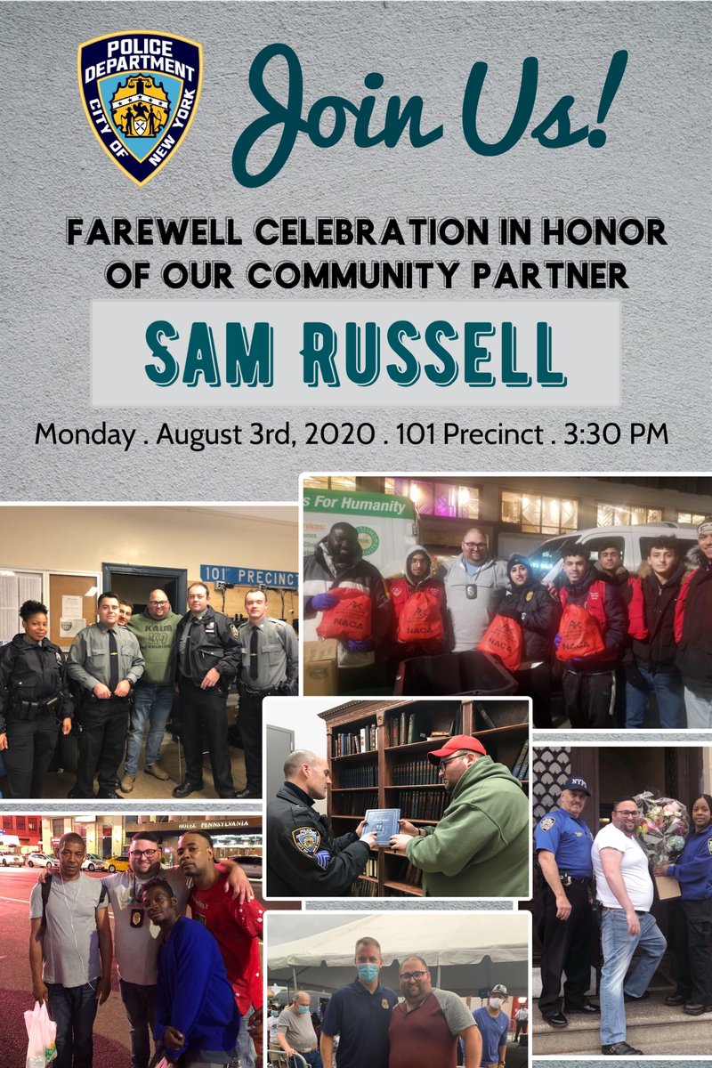 NYPD101Pct's tweet photo. Please join the 101Pct in wishing our #CommunityPartner #SamRussell safe journeys as he will be moving to Florida. Sam has been a tremendous asset to our #FarRockawayCommunity and we will surely miss him. - Monday 3:30pm- 101 Precinct.
#NYPD #101Pct https://t.co/PIsx5Qbery