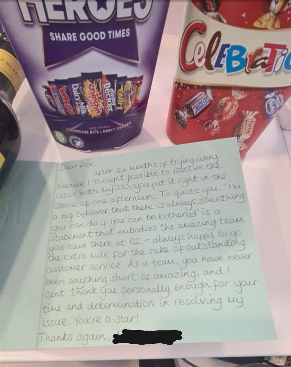 Nice surprise this afternoon with some excellent customer feedback for <a href="/KevinMoore1985/">Kevin Moore</a> and the rest of the team, <a href="/lindasfjones/">Linda Jones</a> <a href="/EbyPatel/">Ebrahim Patel</a> 🍬🍬🍾🍾 <a href="/O2/">O2</a>