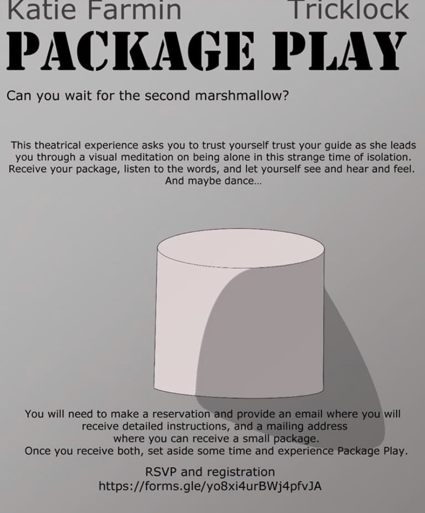 Tricklock's tweet image. We are blown away by the response to Package Play! Over 130 people RSVP’d so far, almost 100 packages so far! If you have questions, feel free to contact the producer of Package Play, Bridget Dunne: bridget@tricklock.com.

Now head on over to forms.gle/yo8xi4urBWj4pf… to RSVP!