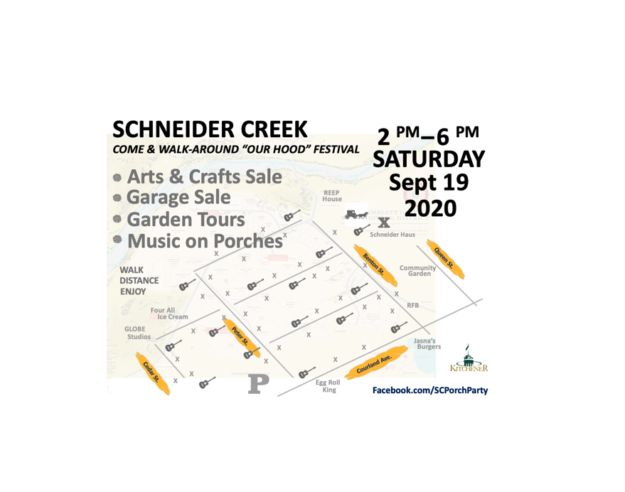 SCPorchParty's tweet photo. Live event on Neighbour's Day - "Come Walk Around our Hood"  -  Schneider Creek Neighbourhood downtown Kitchener  -  -  Walk, Distance, Explore, Enjoy https://t.co/bfhhtpaZ9H
