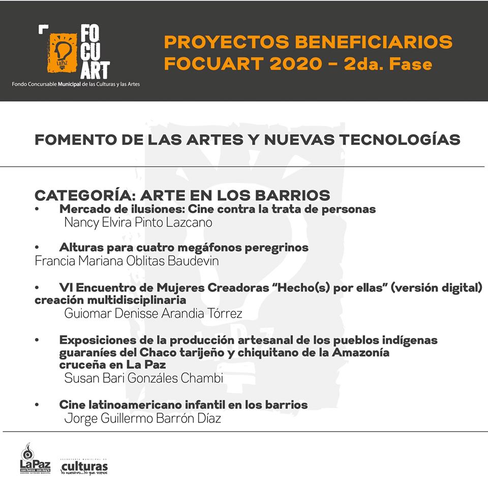 lapazculturas's tweet photo. La Secretaría Municipal de Culturas da a conocer los proyectos beneficiarios del #FOCUART2020, en su segunda fase. Felicidades a los responsables. ¡Sigamos trabajando! https://t.co/mCc44a0uM3
