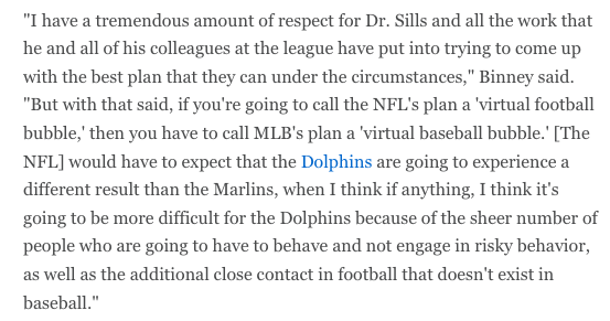 . @NFL considers its plan a “virtual football bubble” because of its specific rules for conduct away from team facilities. But  @zbinney_NFLinj said it’s not structurally different from the  @MLB policy that has already broken-down:
