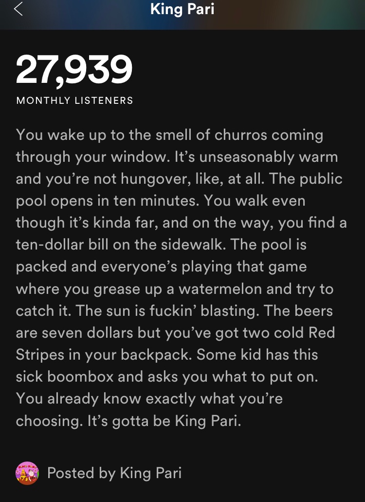 I want King Pari to write my spotify bio