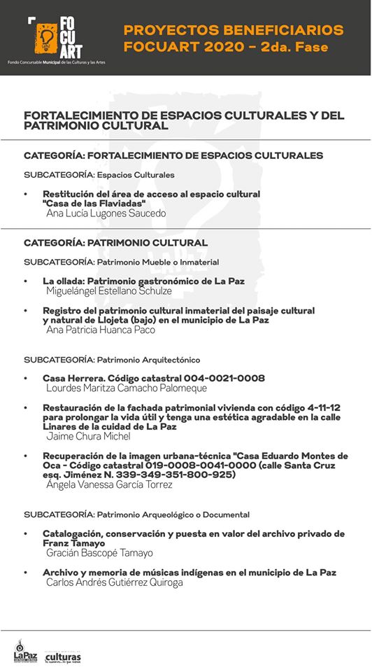 lapazculturas's tweet photo. La Secretaría Municipal de Culturas da a conocer los proyectos beneficiarios del #FOCUART2020, en su segunda fase. Felicidades a los responsables. ¡Sigamos trabajando! https://t.co/bT2GnEQ9z2