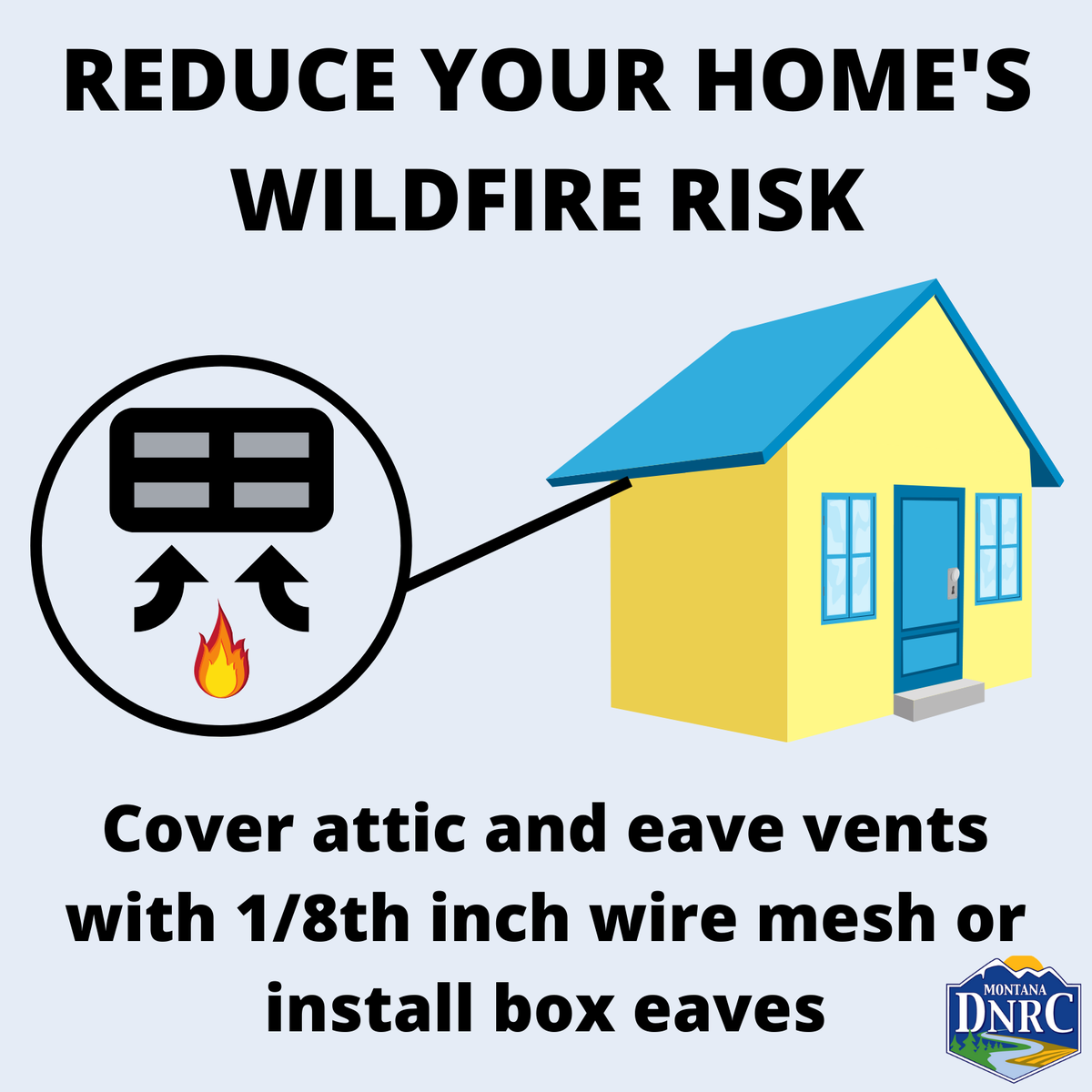 MontanaDNRC's tweet photo. Embers from wildfire can easily find their way into your attic through vents. Protect your home from embers by covering vents with 1/8 inch wire mesh or installing box eaves. #HomeHardening #DefensibleSpace #FireAdaptedMT #BeEmberAware https://t.co/TgmVYZ83Ja