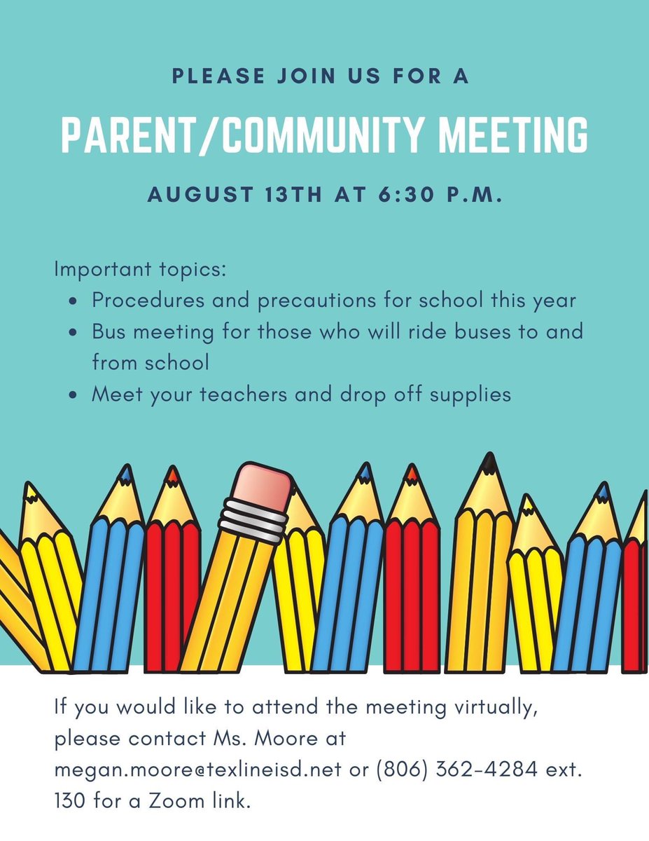 Please join us for a parent/community meeting on August 13th at 6:30 p.m. We will discuss what school will look like this year, have a bus meeting for those who will ride busses to and from school, meet this year's teachers, and you can drop off your school supplies.