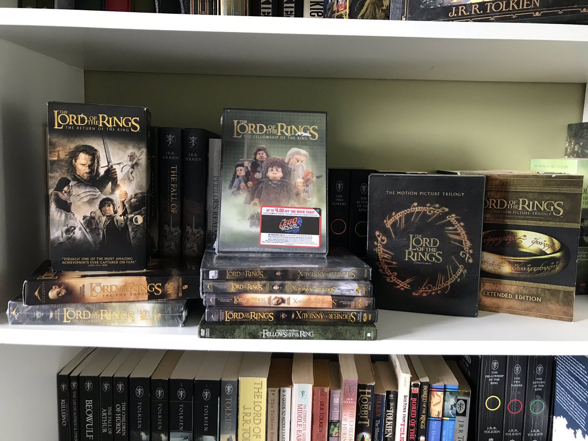  #TolkienEveryday Day 6All my copies of Jackson’s Trilogy. All 3 on VHS, DVD, Blu-Ray Theatrical and Extended Edition boxsets as well as a Fellowship Limited edition and one with a lenticular LEGO cover! #PeterJackson  #LOTR