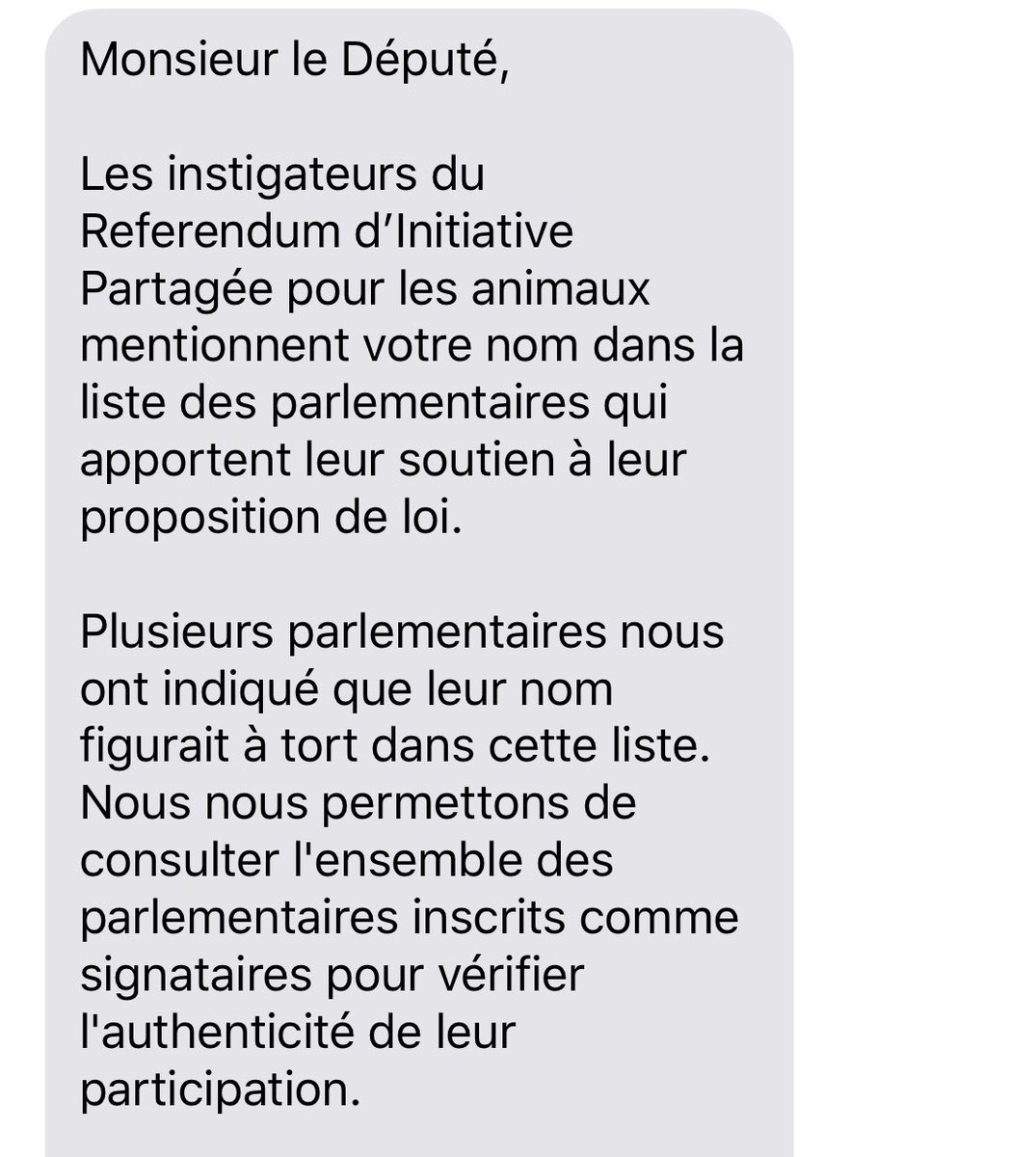 RIPanimaux's tweet photo. Le lobby de la chasse à courre est à l’œuvre et envoie ce sms à tous les députés et sénateurs qui ont annoncé leur soutien au référendum pour les animaux. 

Nous saluons le courage des parlementaires qui refusent de plier face aux lobbies. 💪👏 https://t.co/V8BoBIcfxW