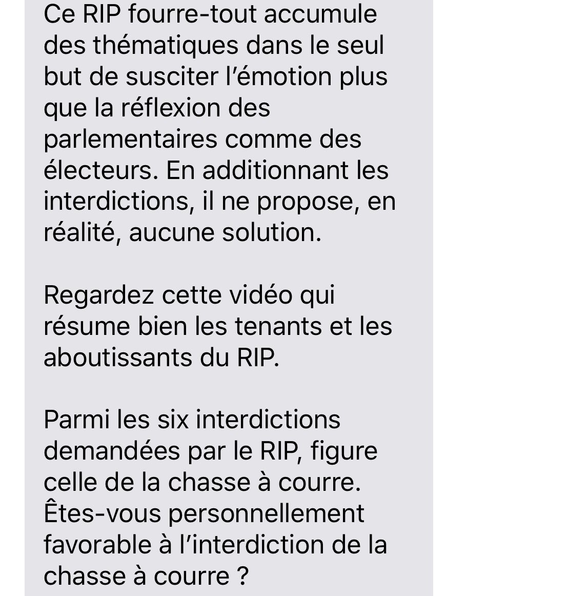RIPanimaux's tweet photo. Le lobby de la chasse à courre est à l’œuvre et envoie ce sms à tous les députés et sénateurs qui ont annoncé leur soutien au référendum pour les animaux. 

Nous saluons le courage des parlementaires qui refusent de plier face aux lobbies. 💪👏 https://t.co/V8BoBIcfxW