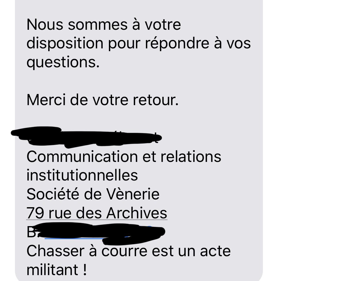RIPanimaux's tweet photo. Le lobby de la chasse à courre est à l’œuvre et envoie ce sms à tous les députés et sénateurs qui ont annoncé leur soutien au référendum pour les animaux. 

Nous saluons le courage des parlementaires qui refusent de plier face aux lobbies. 💪👏 https://t.co/V8BoBIcfxW