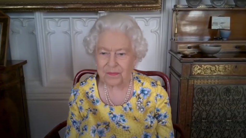 JandSFabrics's tweet photo. Her Majesty Queen Elizabeth II looked amazing in a Joel &amp; Son Fabrics printed silk while on her first Zoom call - the dress was made by the incredible Stewart Parvin. https://t.co/7dafY93Ct9