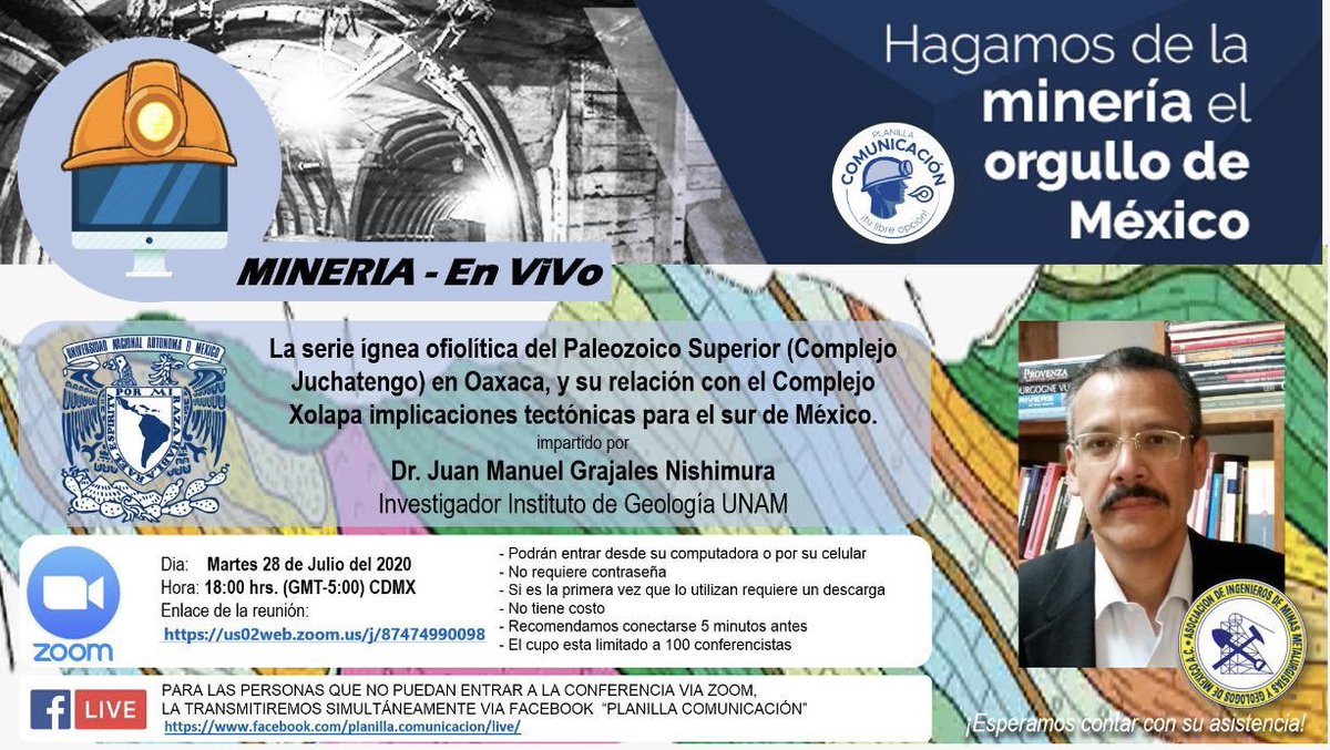 PComunicacionmx's tweet photo. HOY a las 6 pm
La serie ígnea ofiolítica del Paleozoico Superior (Complejo Juchatengo) en Oaxaca, y su relación con el Complejo Xolapa implicaciones tectónicas para el sur de México.
*Dr. José Manuel Grajales Nishimura*
IG - UNAM 
https://t.co/A54il9lHj0
https://t.co/GDoXPuSVc3 https://t.co/LQnnBjIejB