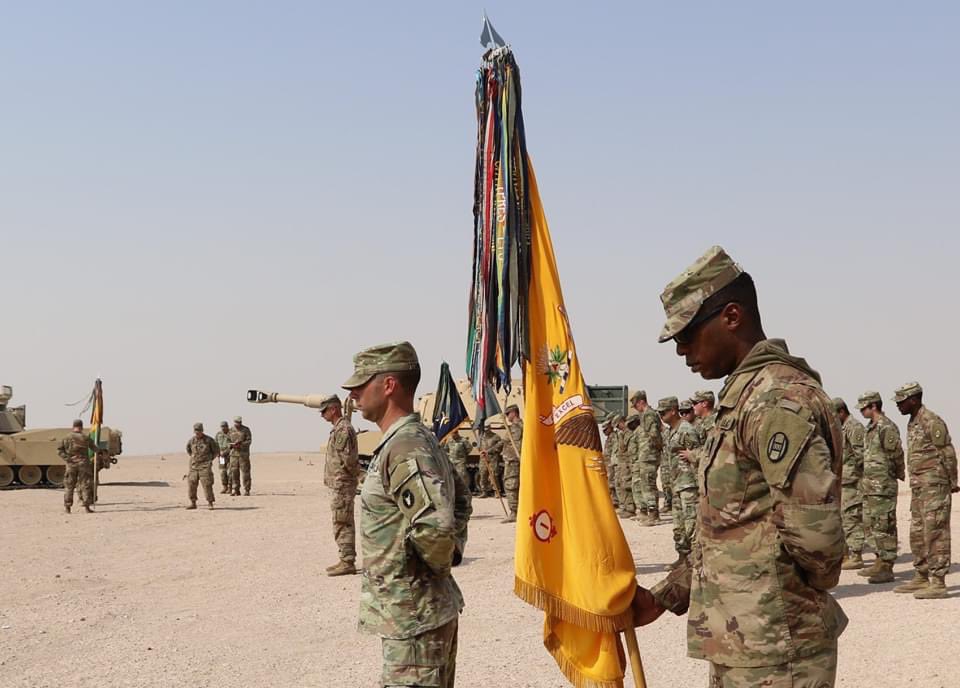 U.S. Soldiers from the #30thabct honor WWII Veterans of the 30th Infantry Division with a ceremony to congratulate them on receiving the Presidential Unit Citation award for the Battle of Mortain over 76 years ago, while deployed for @TFSpartan in @CENTCOM, July 25, 2020.