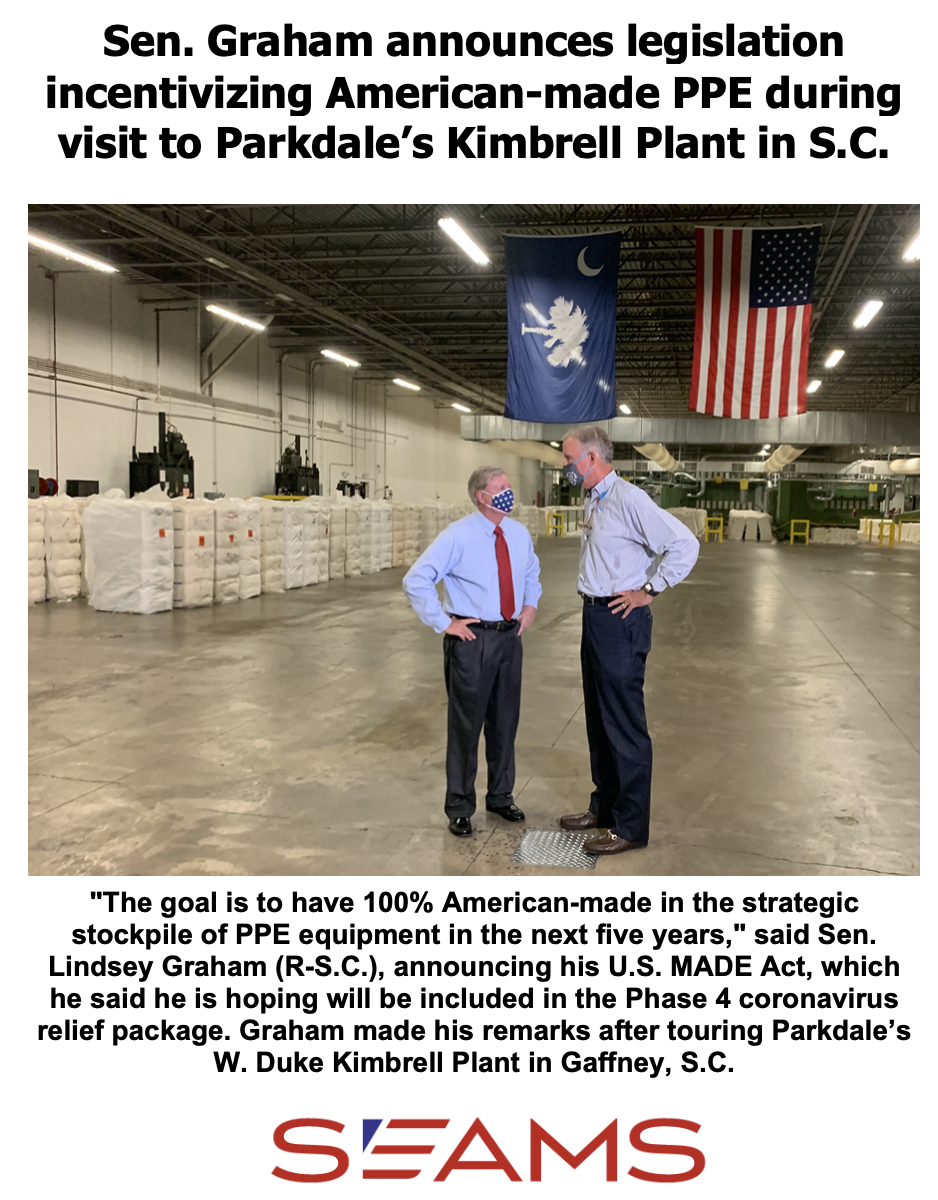 SeamsAssoc's tweet photo. @LindseyGrahamSC made his remarks after touring Parkdale’s W. Duke Kimbrell Plant, a state-of-the-art yarn-spinning facility in Gaffney, S.C.
https://t.co/1UQ9M9zDvj
#MadeinAmericaPPE #AmericanTextiles #WeMakeAmazing #MadeInAmerica #MadeInUSA #MedicalTextiles #PPE #GetUsPPE https://t.co/HPIw5C8mIp