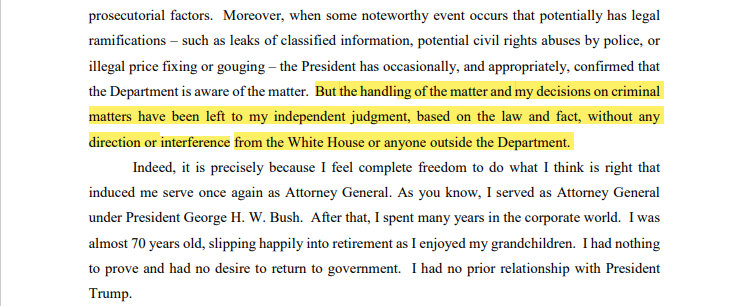 BIG statement here from AG Barr that the White House never interfered in the criminal prosecutions of Roger Stone (sentence commuted) or Michael Flynn (case dropped).