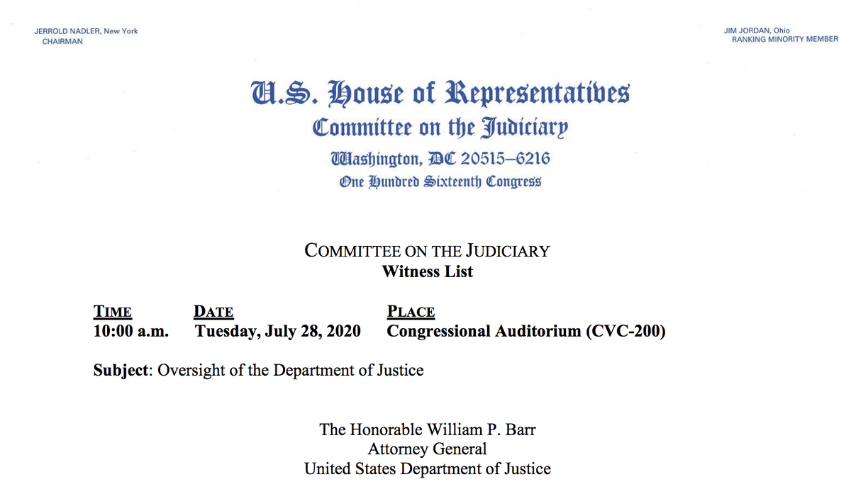  Will be live-tweeting when the  @HouseJudiciarycommittee hearing on "Oversight of the Department of Justice" begins at 10:45 am. Attorney General Barr is the sole witness. (Delay in start time due to Chair Nadler's car accident. Don't worry; no one was injured).1/