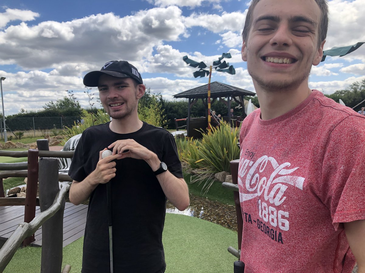 Cascade_Cohen's tweet photo. With all of the energy from our smoothie bowls we were able to get in a round of crazy golf at #congorapids this afternoon! Tom also did a super T-Rex impression! #physicalhealth #freshair #hobbies #crazygolf #community #socialdistancedactivities #funwithfriends #enablenotlabel https://t.co/yzn89yKYbd