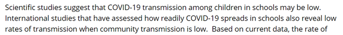 2/14 Adolescents are at little risk from CV19 and are not the primary vectors. https://www.cdc.gov/coronavirus/2019-ncov/community/schools-childcare/reopening-schools.html