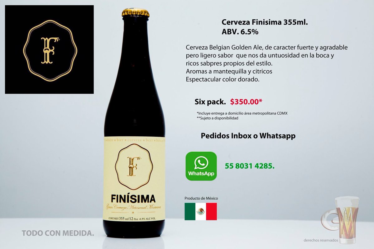 GVMBeer's tweet photo. Cerveza Finisma 355ml.
ABV. 6.5%
$350.00
Six Pack entregado a domicilio en el área metropolitana de la #CDMX
#Cerveza #CervezaMexicana #CervezaArtesanal #CervezaADomicilio #GVM #GVMBeer https://t.co/7IJ97tE6Br