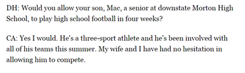 13/14 For months, head of the  @IHSA_IL,  @cahome25, has been in high-level meetings with experts, public health officials, and politicians. He has NO hesitation about letting his son play football this fall.
